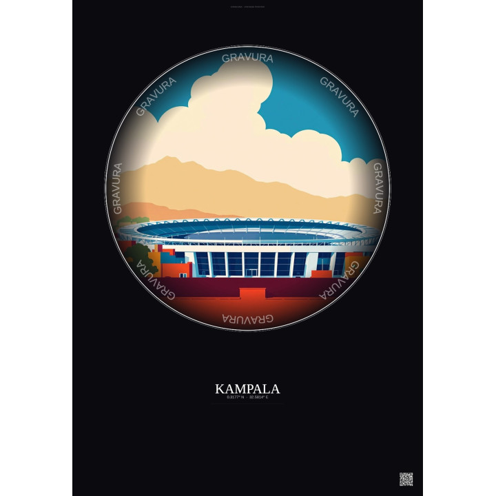 Affiche Kampala – Poster illustration vintage – Mandela National Stadium | Gravura – Fond foncé