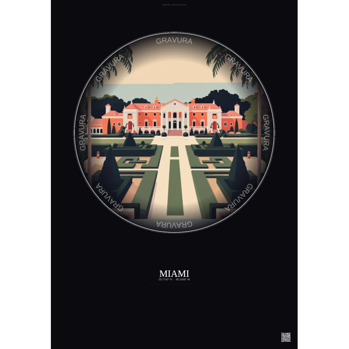 Affiche Miami – Poster illustration vintage – Vizcaya Museum And Gardens | Gravura – Fond foncé