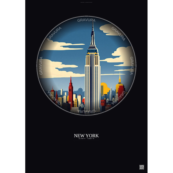 Affiche New York – Poster illustration vintage – Empire State Building | Gravura – Fond foncé