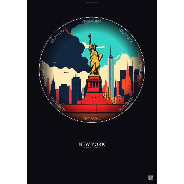 Affiche New York – Poster illustration vintage – Statue Of Liberty | Gravura – Fond foncé