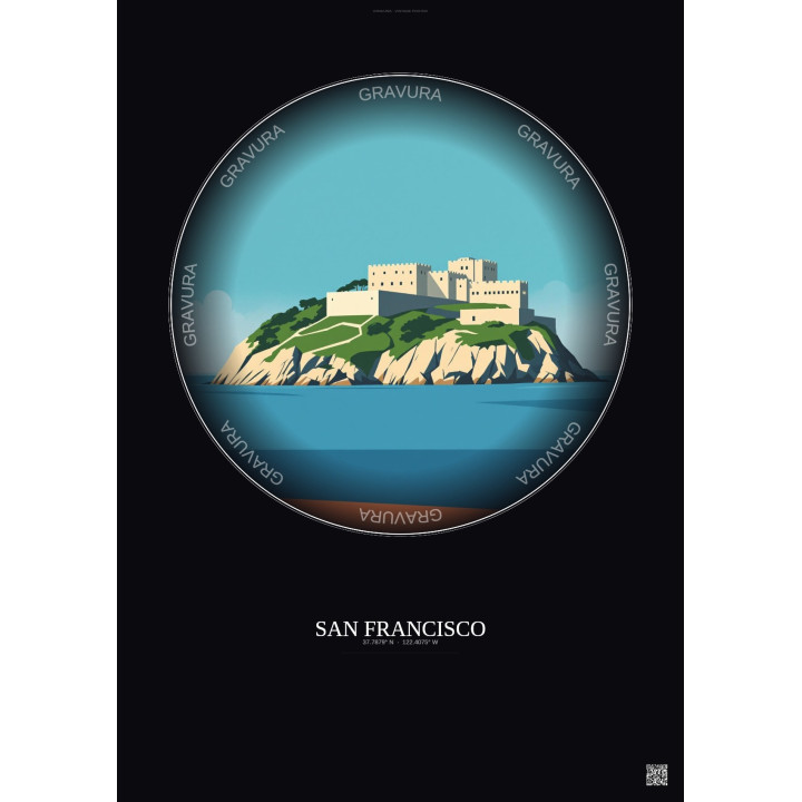 San Francisco Vintage Travel Poster – Alcatraz Island | Gravura – Dark background