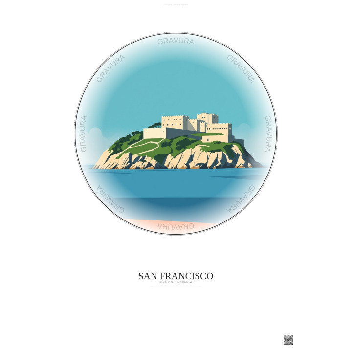 Affiche San Francisco – Poster illustration vintage – Alcatraz Island | Gravura – Fond clair