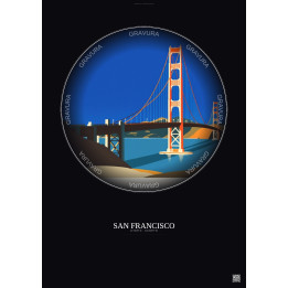 Affiche San Francisco – Poster illustration vintage – Golden Gate Bridge | Gravura – Fond foncé