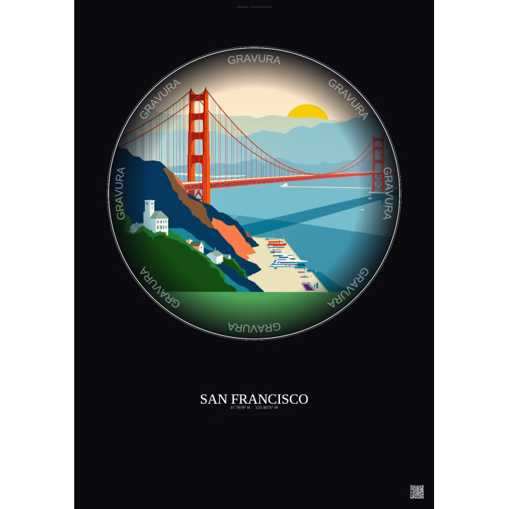 Affiche San Francisco – Poster illustration vintage – San Francisco | Gravura – Fond foncé