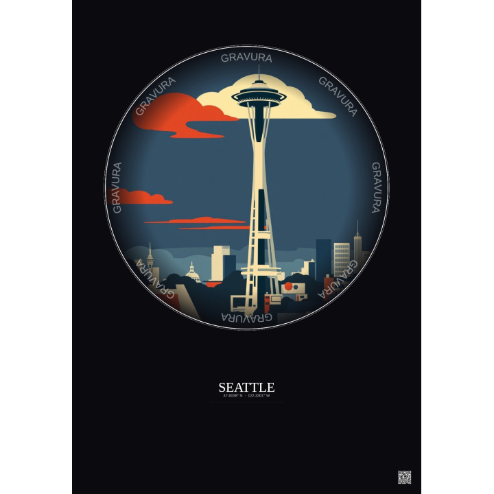 Seattle Vintage Travel Poster – Space Needle | Gravura – Dark background