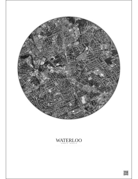 Affiche Waterloo – Poster vue satellite 2.5km N&B | Gravura – Fond clair