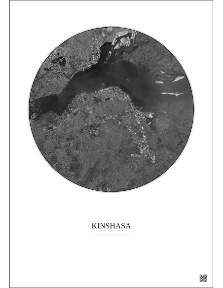 Affiche Kinshasa – Poster vue satellite 10km N&B | Gravura – Fond clair