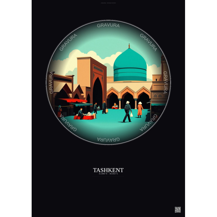 Affiche Tashkent – Poster illustration vintage – Chorsu Bazaar | Gravura – Fond foncé