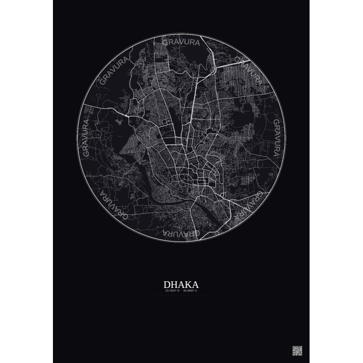 Affiche Dhaka – Poster carte de ville 10km | Gravura – Fond foncé
