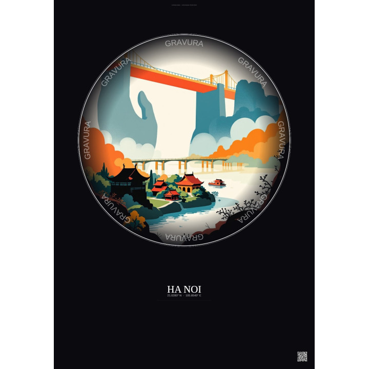 Affiche Ha Noi – Poster illustration vintage – Famous Viewpoint Of Ha Noi | Gravura – Fond foncé