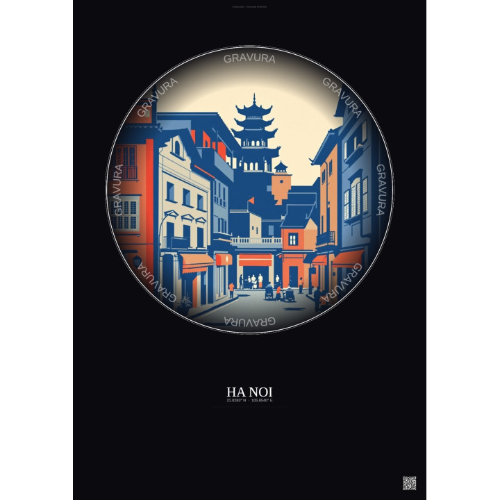 Affiche Ha Noi – Poster illustration vintage – Historic Old Town Of Ha Noi | Gravura – Fond foncé