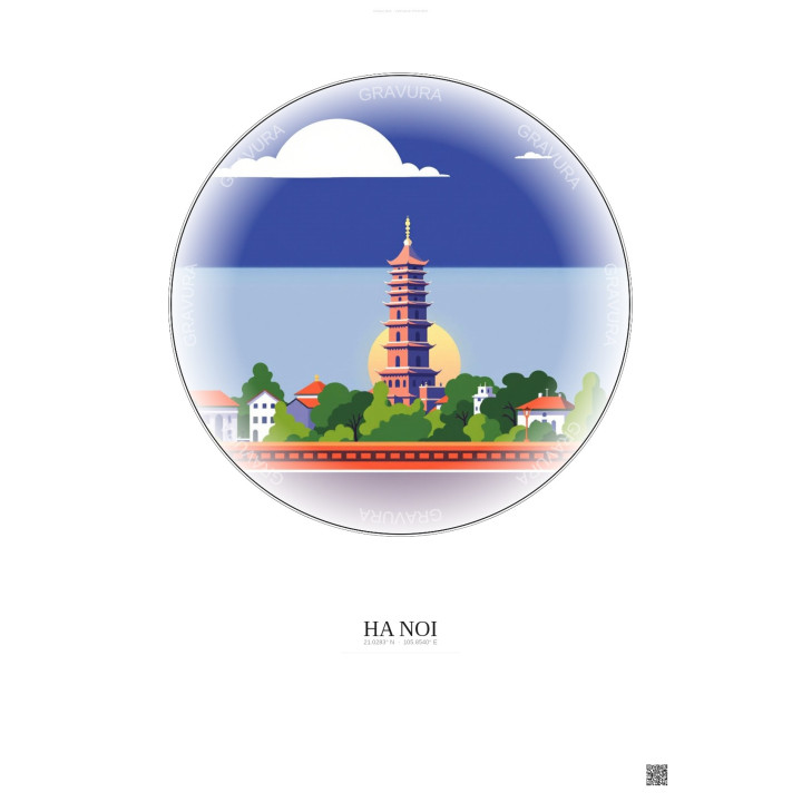 Ha Noi Vintage Travel Poster – Most Iconic Landmark Of Ha Noi | Gravura – Light background