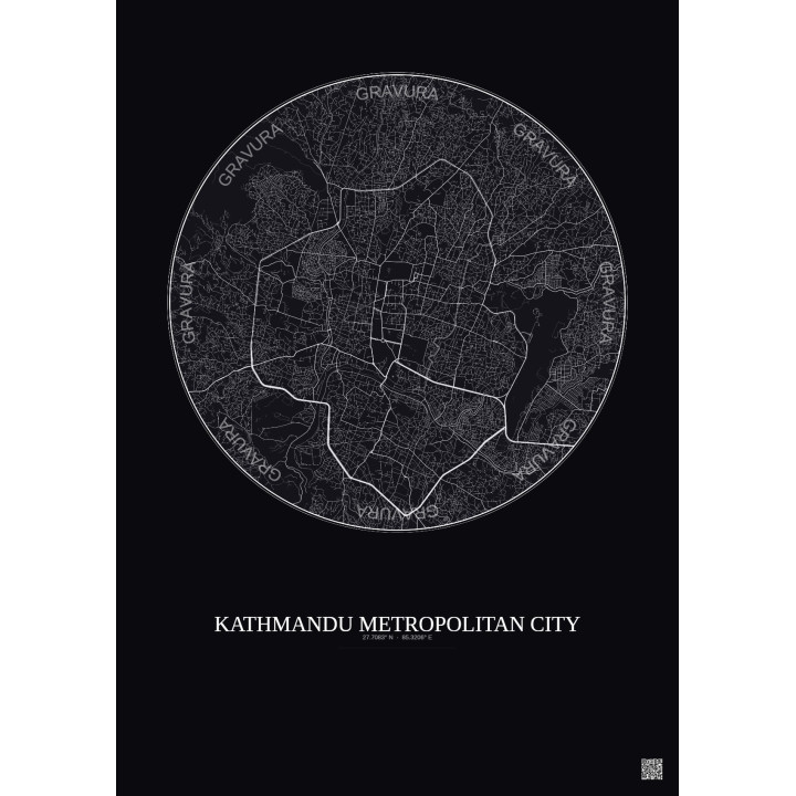 Affiche Kathmandu Metropolitan City – Poster carte de ville 6km | Gravura – Fond foncé