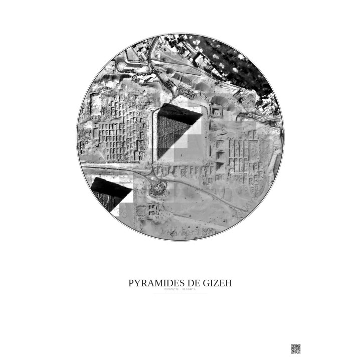 Affiche Pyramides De Gizeh – Poster vue satellite 0.5km N&B | Gravura – Fond clair