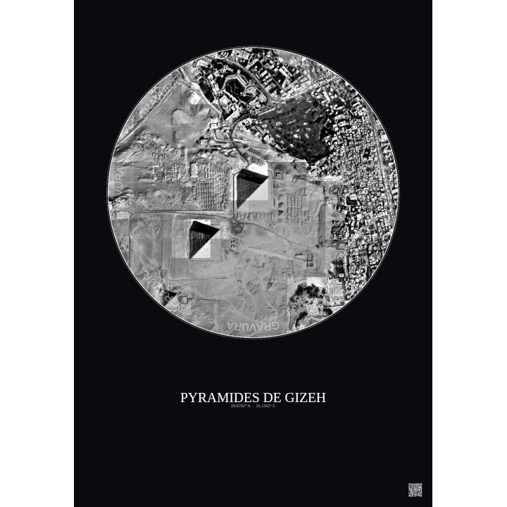 Affiche Pyramides De Gizeh – Poster vue satellite 1km N&B | Gravura – Fond foncé