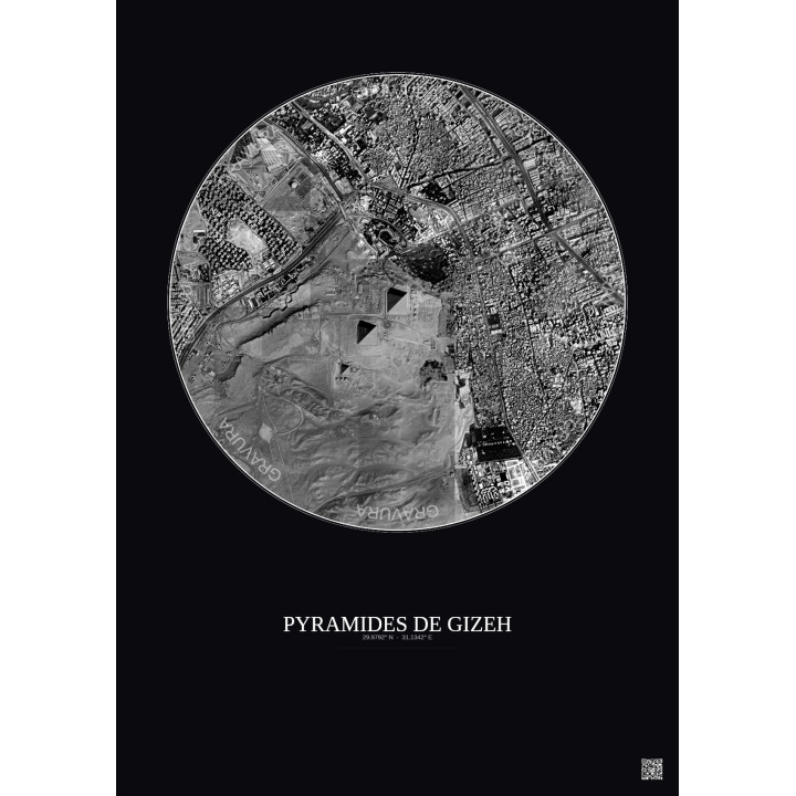 Affiche Pyramides De Gizeh – Poster vue satellite 2.5km N&B | Gravura – Fond foncé