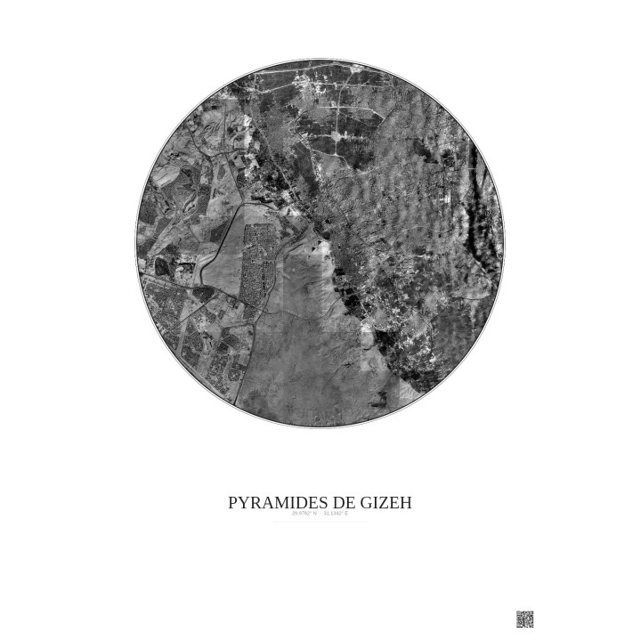 Affiche Pyramides De Gizeh – Poster vue satellite 10km N&B | Gravura – Fond clair