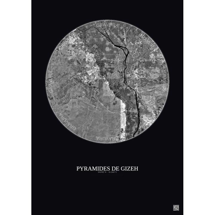 Affiche Pyramides De Gizeh – Poster vue satellite 30km N&B | Gravura – Fond foncé