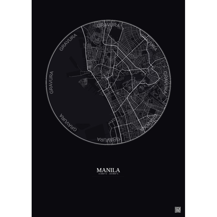 Affiche Manila – Poster carte de ville 6km | Gravura – Fond foncé