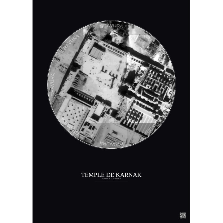 Affiche Temple De Karnak – Poster vue satellite 0.1km N&B | Gravura – Fond foncé
