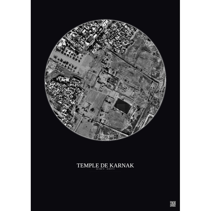 Temple De Karnak Satellite View Poster 0.5km B&W | Gravura – Dark background