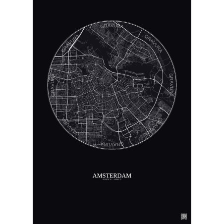 Affiche Amsterdam – Poster carte de ville 6km | Gravura – Fond foncé