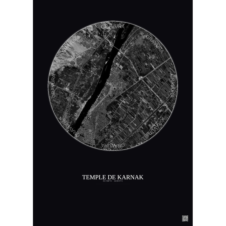 Affiche Temple De Karnak – Poster vue satellite 5km N&B | Gravura – Fond foncé