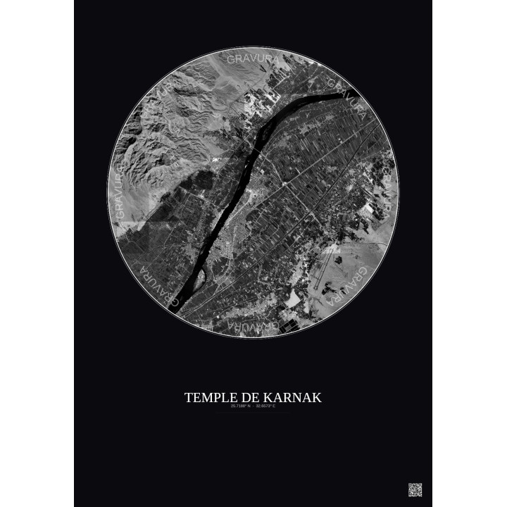 Affiche Temple De Karnak – Poster vue satellite 10km N&B | Gravura – Fond foncé