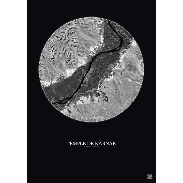 Temple De Karnak Satellite View Poster 20km B&W | Gravura – Dark background