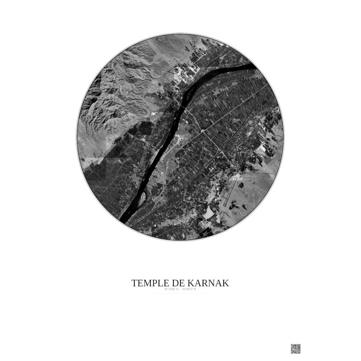 Temple De Karnak Satellite View Poster 10km B&W | Gravura – Light background