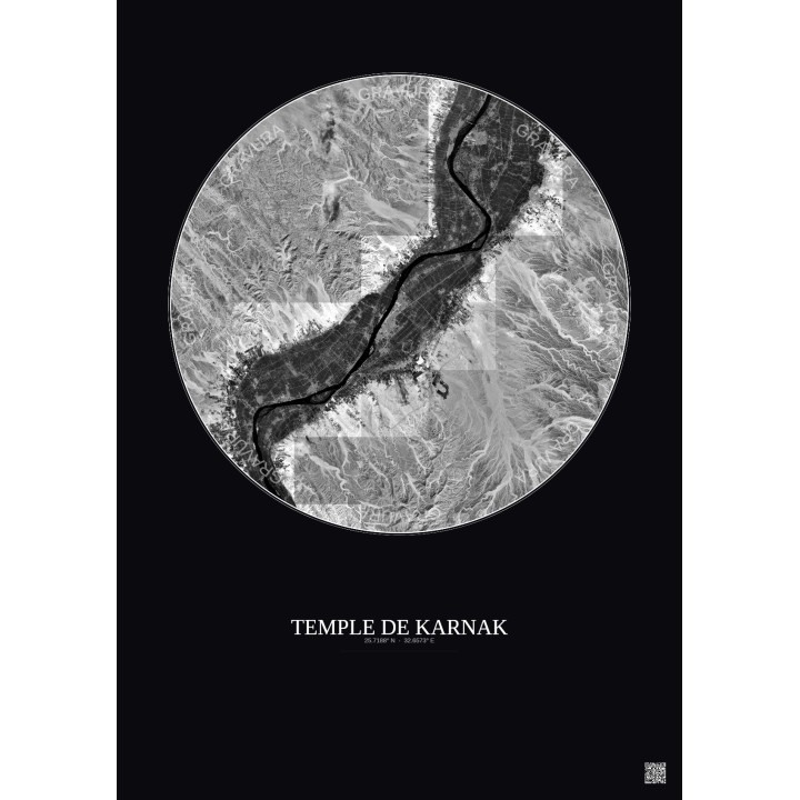 Affiche Temple De Karnak – Poster vue satellite 30km N&B | Gravura – Fond foncé