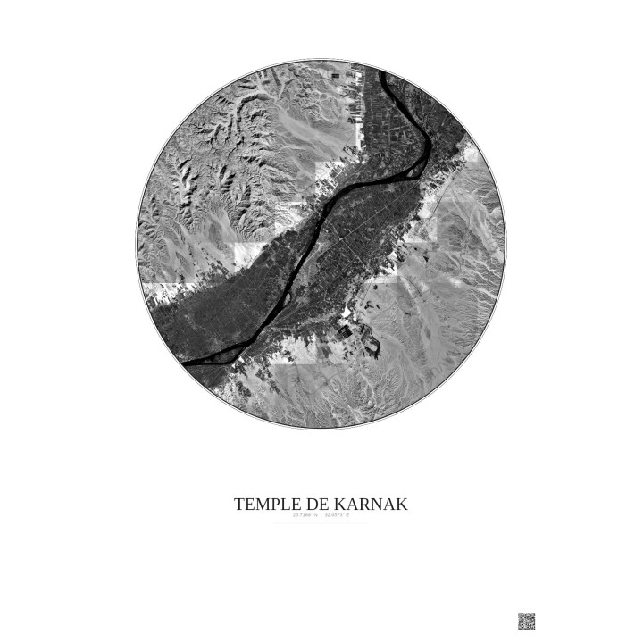 Affiche Temple De Karnak – Poster vue satellite 20km N&B | Gravura – Fond clair
