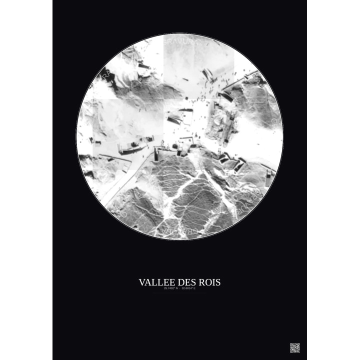 Affiche Vallee Des Rois – Poster vue satellite 0.1km N&B | Gravura – Fond foncé