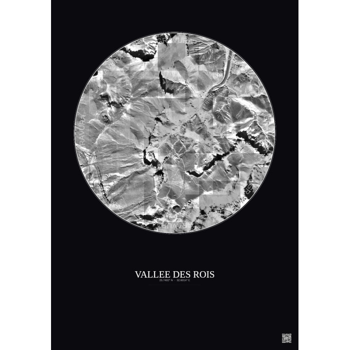Affiche Vallee Des Rois – Poster vue satellite 0.5km N&B | Gravura – Fond foncé