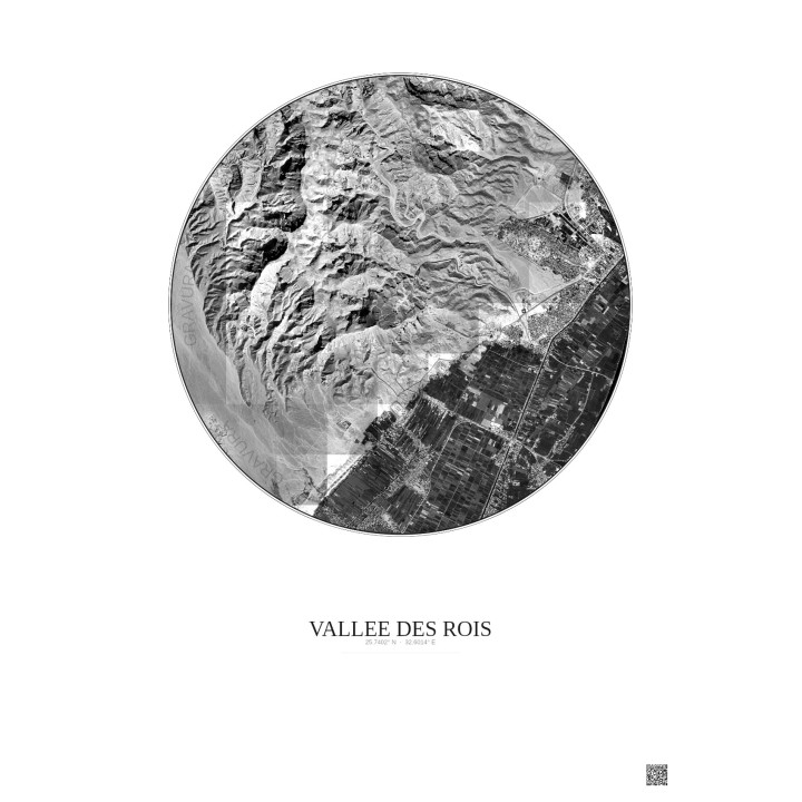 Affiche Vallee Des Rois – Poster vue satellite 5km N&B | Gravura – Fond clair