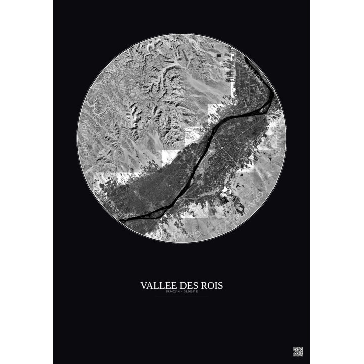 Vallee Des Rois Satellite View Poster 20km B&W | Gravura – Dark background