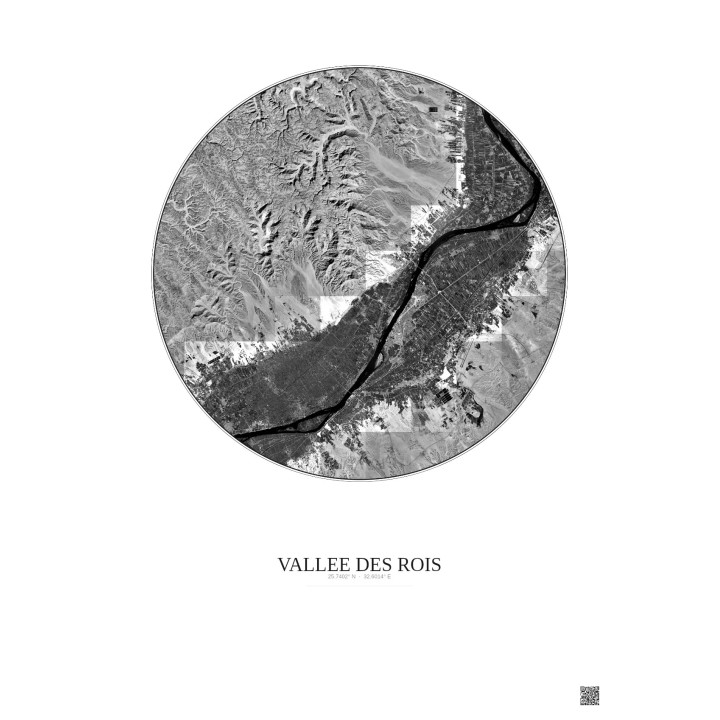 Affiche Vallee Des Rois – Poster vue satellite 20km N&B | Gravura – Fond clair