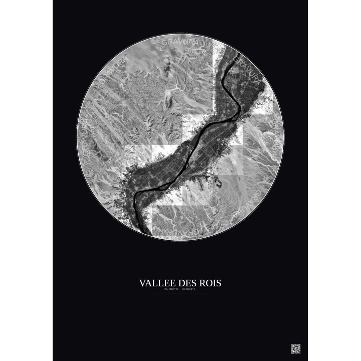 Vallee Des Rois Satellite View Poster 30km B&W | Gravura – Dark background