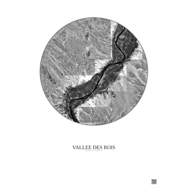 Affiche Vallee Des Rois – Poster vue satellite 30km N&B | Gravura – Fond clair
