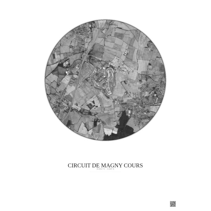 Affiche Circuit De Magny Cours – Poster vue satellite 2.5km N&B | Gravura – Fond clair