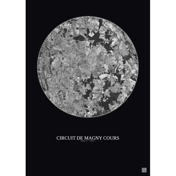 Circuit De Magny Cours Satellite View Poster 10km B&W | Gravura – Dark background