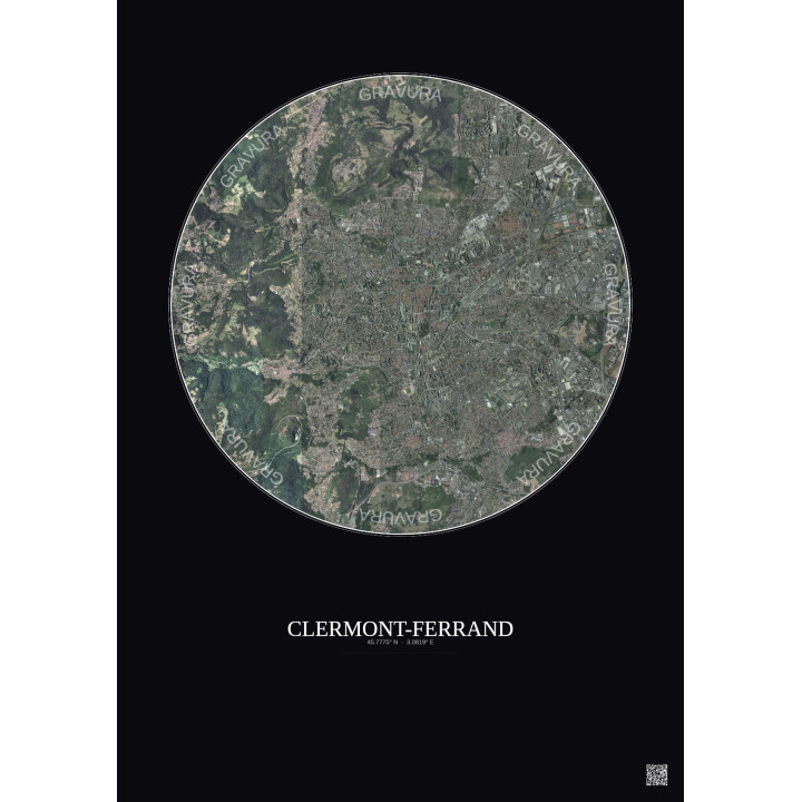 Affiche Clermont Ferrand – Poster vue satellite 5km Couleur | Gravura – Fond foncé