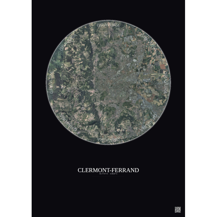 Affiche Clermont Ferrand – Poster vue satellite 10km Couleur | Gravura – Fond foncé