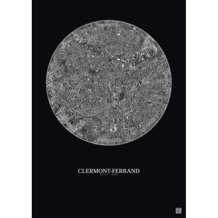 Affiche Clermont Ferrand – Poster vue satellite 2.5km N&B | Gravura – Fond foncé