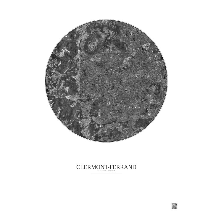 Affiche Clermont Ferrand – Poster vue satellite 5km N&B | Gravura – Fond clair