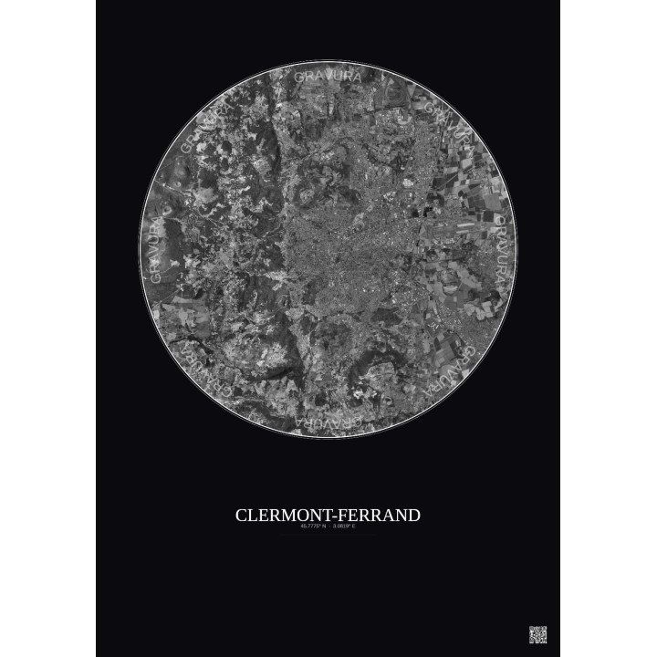 Clermont Ferrand Satellite View Poster 10km B&W | Gravura – Dark background