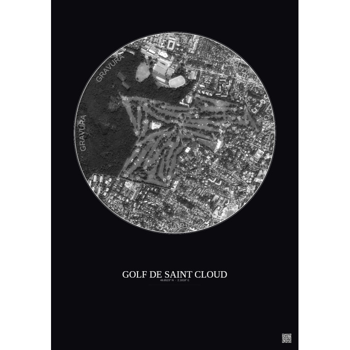 Affiche Golf De Saint Cloud – Poster vue satellite 1km N&B | Gravura – Fond foncé