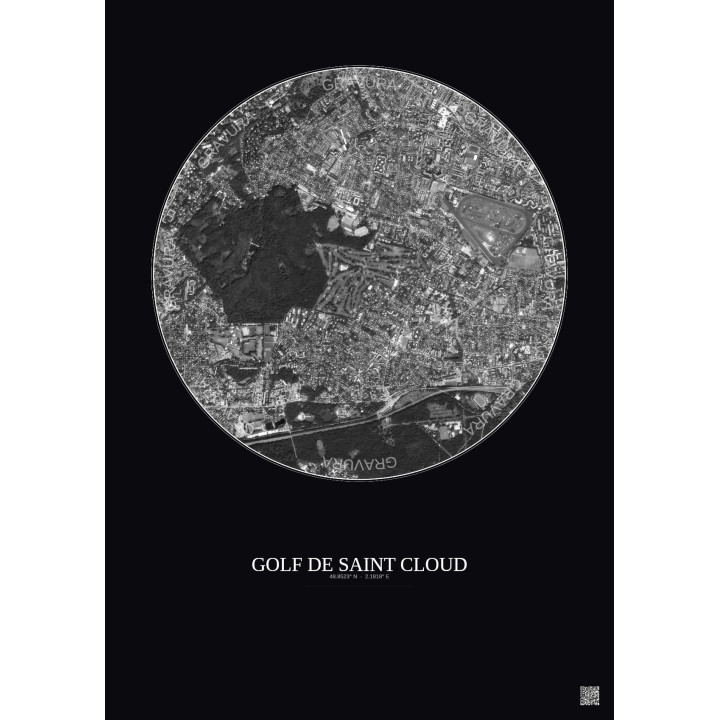 Affiche Golf De Saint Cloud – Poster vue satellite 2.5km N&B | Gravura – Fond foncé
