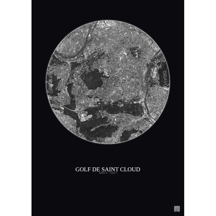 Affiche Golf De Saint Cloud – Poster vue satellite 5km N&B | Gravura – Fond foncé