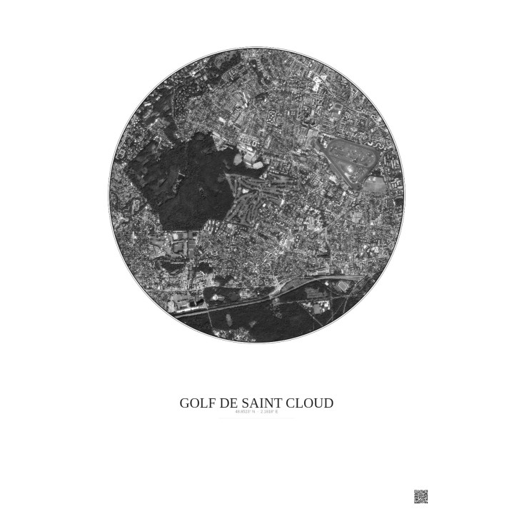 Affiche Golf De Saint Cloud – Poster vue satellite 2.5km N&B | Gravura – Fond clair